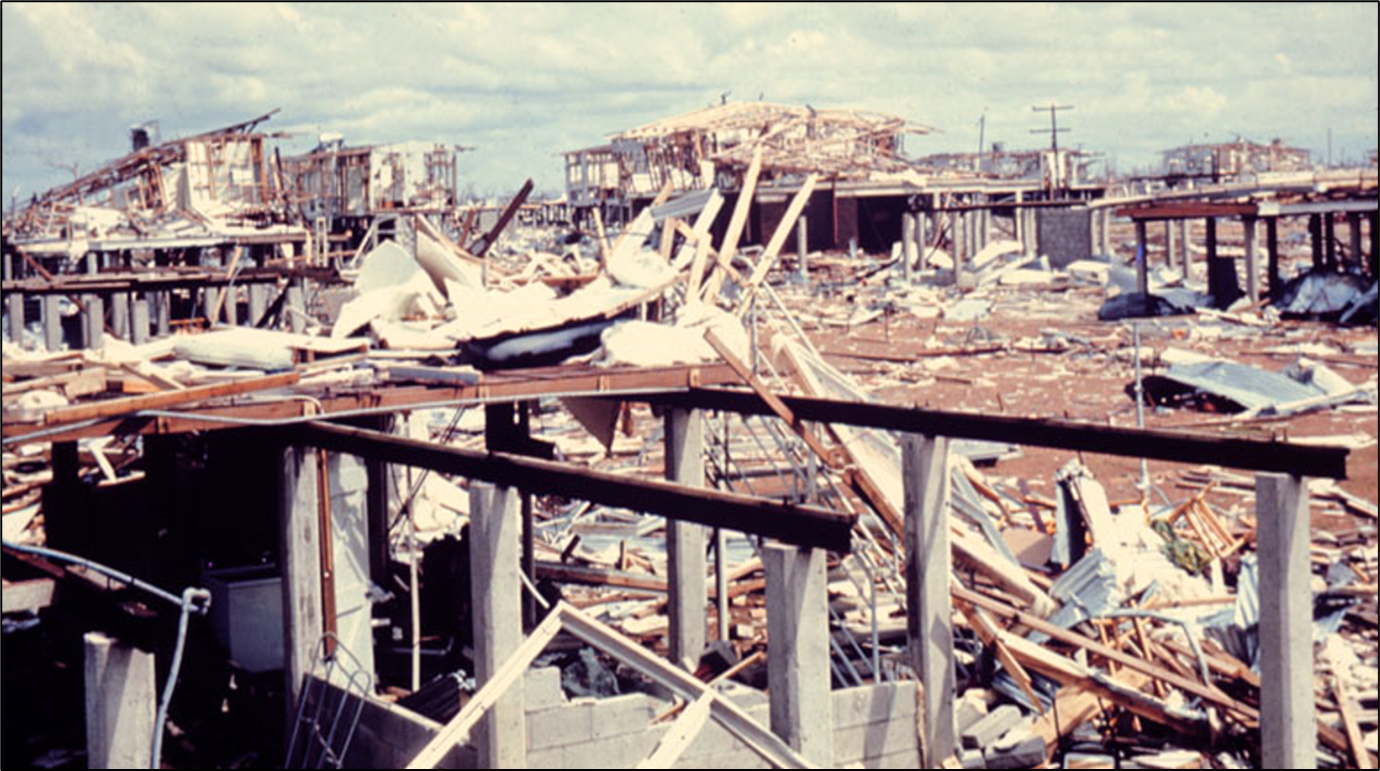 Destruction of buildings in Darwin post-Cyclone Tracy, showcasing severe structural damage.